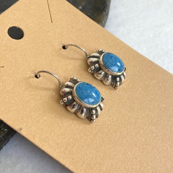Sterling Silver 925 Thai Oval Bezel Set Denim Lapis Dangle Drop Earrings - Picture 3 of 16